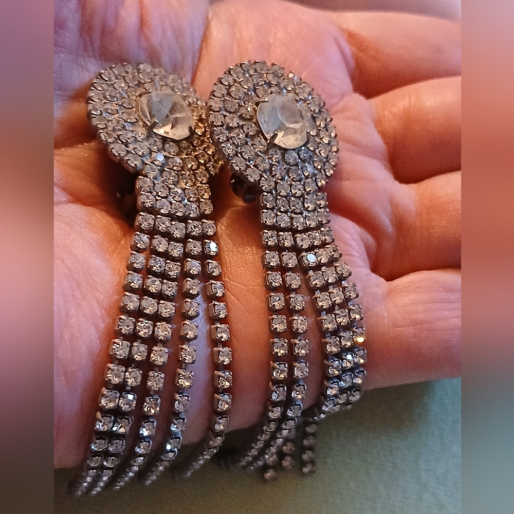 Vintage Rhinestone Chandelier Earrings Clipons Prong Set Stones